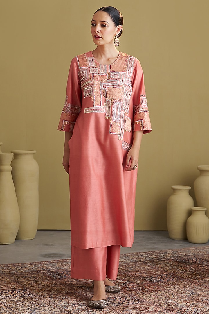 Peach Silk Chanderi Embroidered A-Line Kurta Set by Vaaya at Pernia's Pop Up Shop