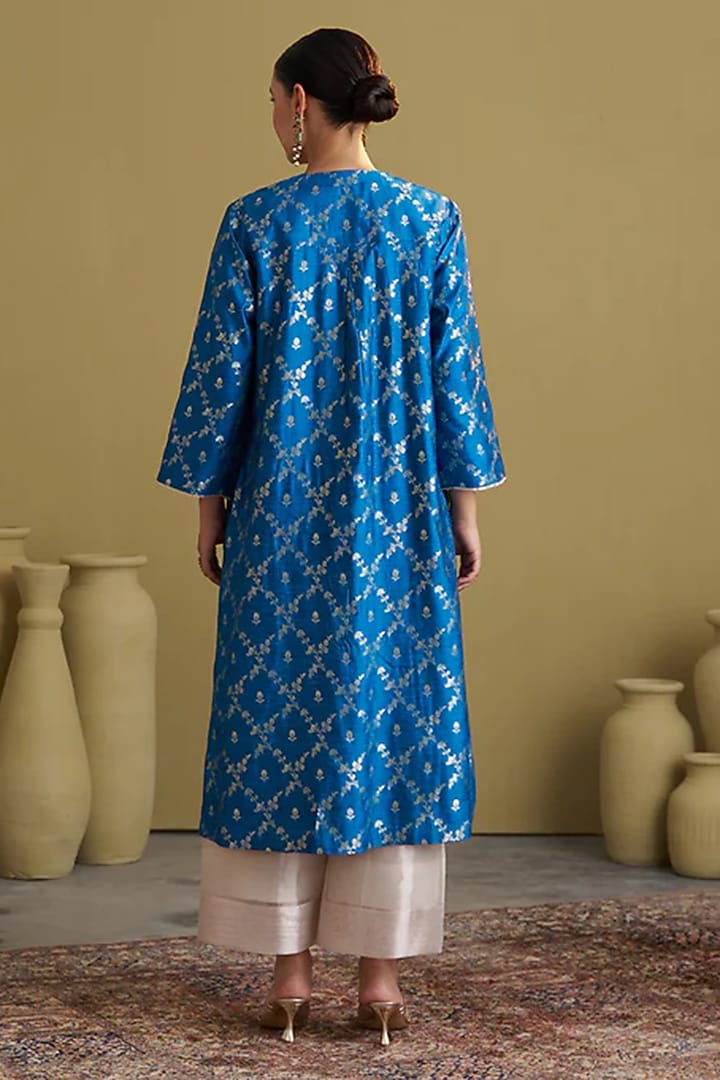 Firozi Blue Banarasi Katan Silk Kurta Set by Vaaya at Pernia's Pop Up Shop