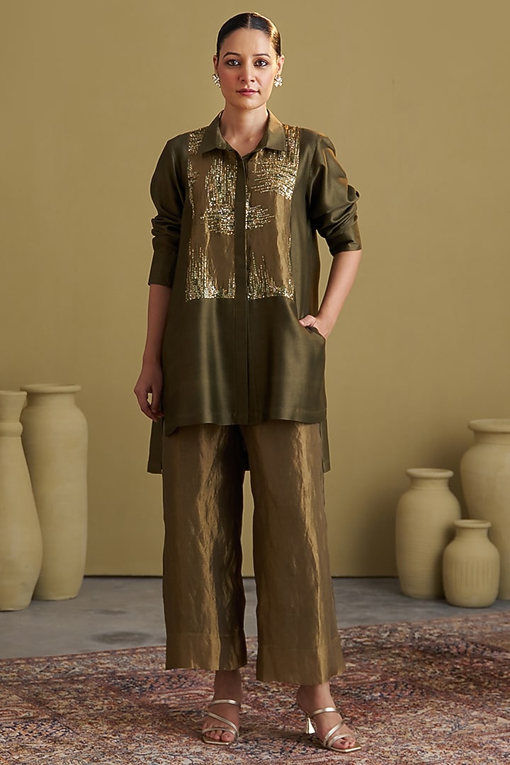 Olive Green Silk Chanderi Sequins Embroidered Co-Ord Set by Vaaya at Pernia's Pop Up Shop