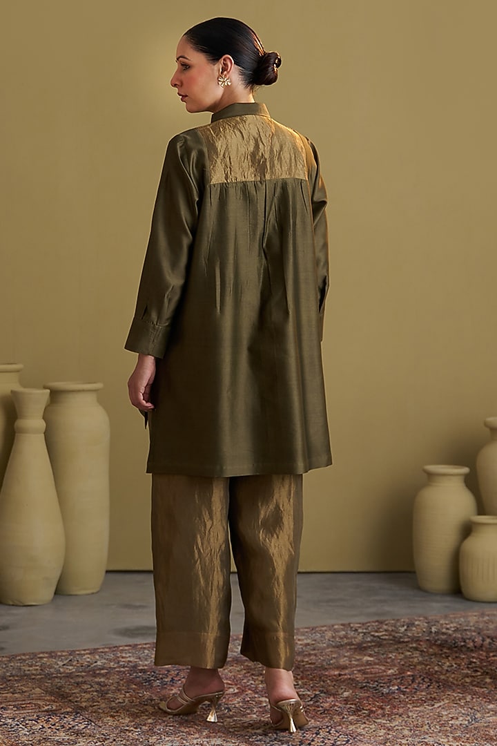 Olive Green Silk Chanderi Sequins Embroidered Co-Ord Set by Vaaya at Pernia's Pop Up Shop