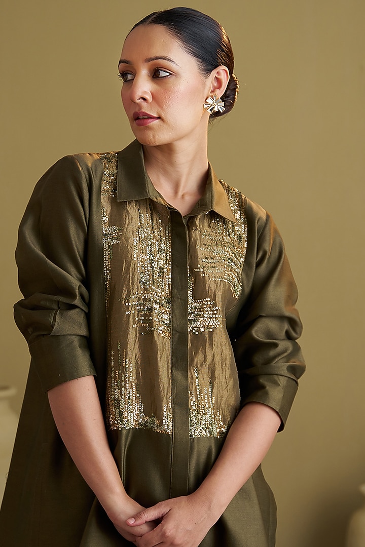 Olive Green Silk Chanderi Sequins Embroidered Co-Ord Set by Vaaya at Pernia's Pop Up Shop