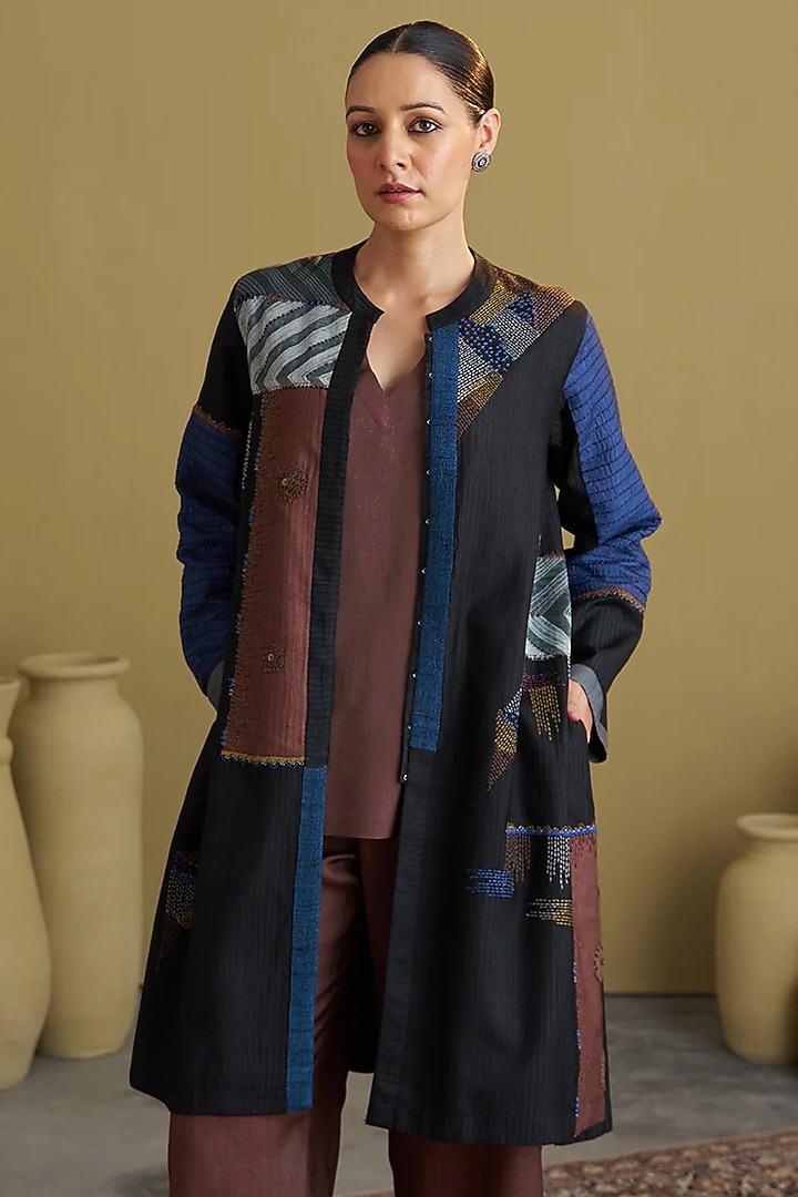 Black Handwoven Silk Cotton Embroidered Jacket by Vaaya at Pernia's Pop Up Shop