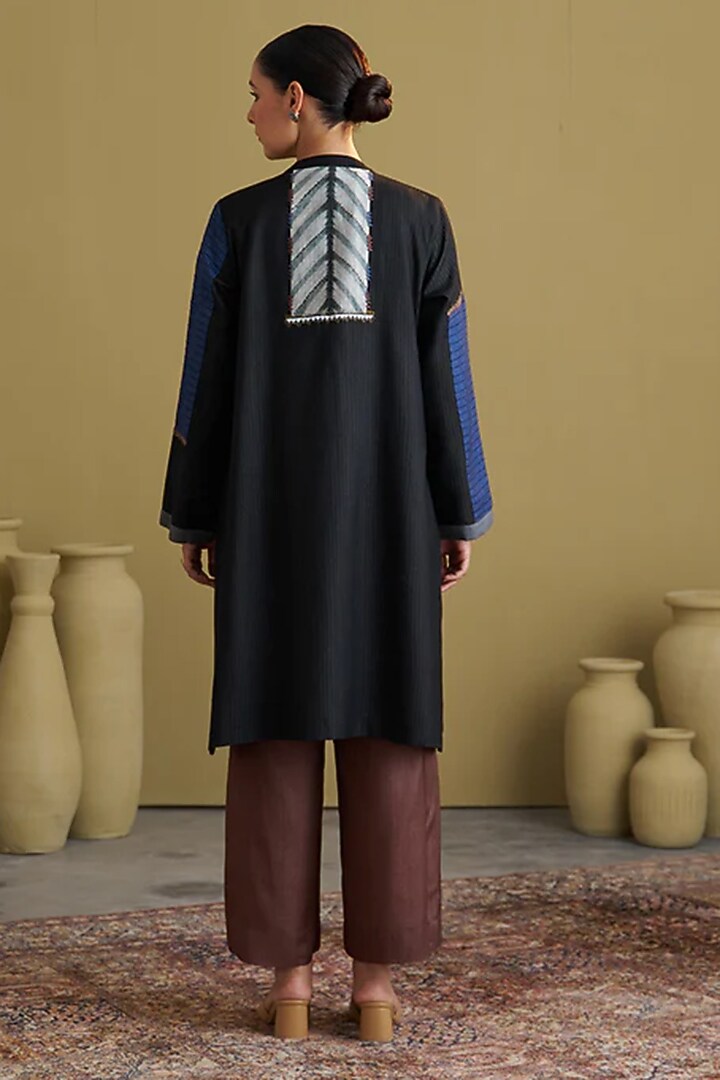 Black Handwoven Silk Cotton Embroidered Jacket by Vaaya at Pernia's Pop Up Shop