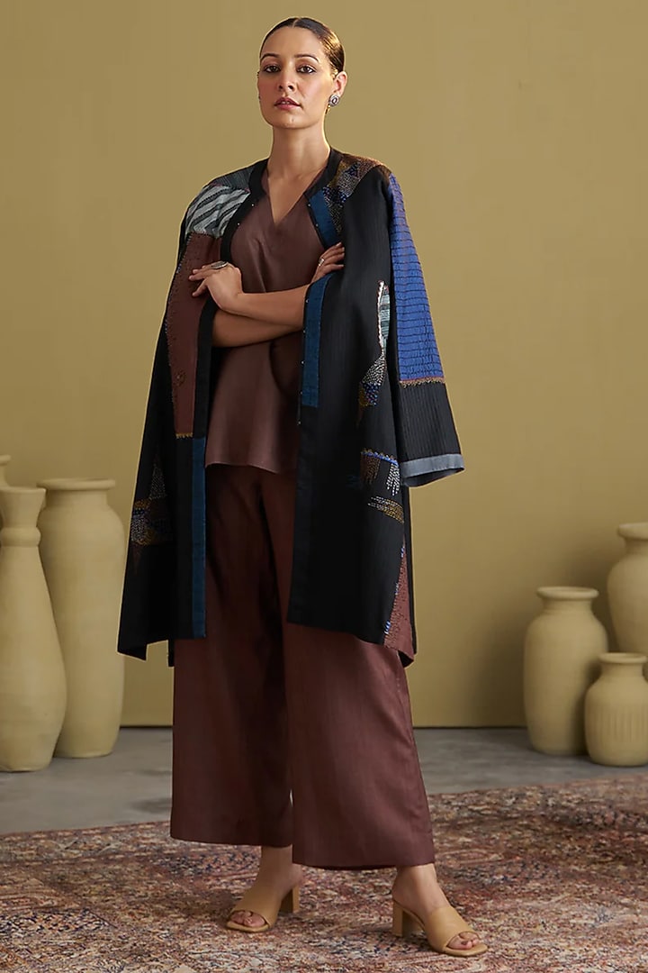 Black Handwoven Silk Cotton Embroidered Jacket by Vaaya at Pernia's Pop Up Shop
