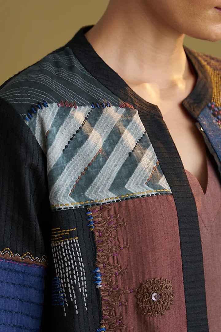 Black Handwoven Silk Cotton Embroidered Jacket by Vaaya at Pernia's Pop Up Shop