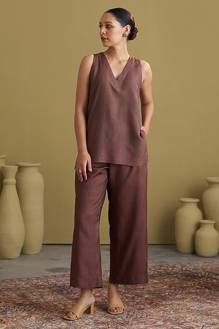 Brown Handwoven Silk Cotton Co-Ord Set by Vaaya at Pernia's Pop Up Shop