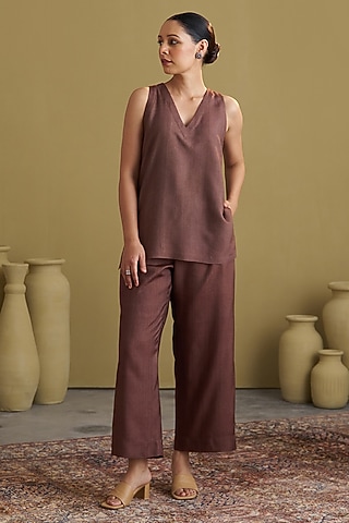 Brown Handwoven Silk Cotton Co-Ord Set by Vaaya