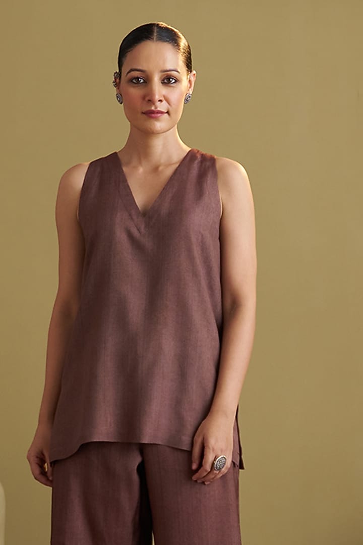 Brown Handwoven Silk Cotton Co-Ord Set by Vaaya at Pernia's Pop Up Shop