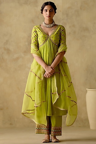 Neon Green Chanderi Silk Hand Embroidered Anarkali Set by Varun chhabra
