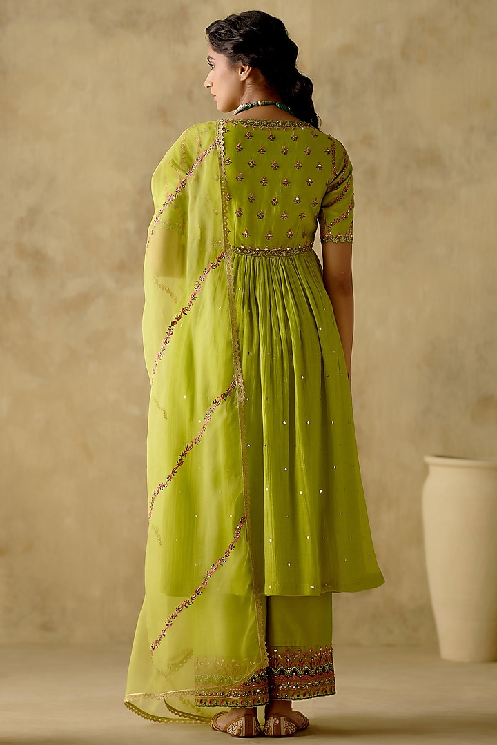 Neon Green Chanderi Silk Hand Embroidered Party Wear Anarkali Set by Varun chhabra at Pernia's Pop Up Shop