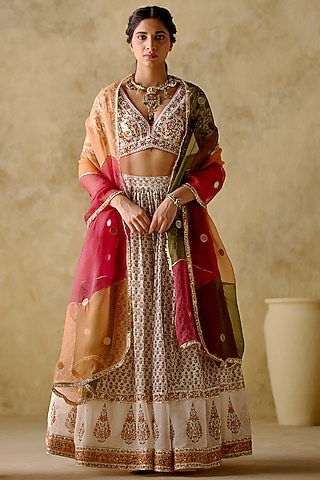 Multi-Colored Chanderi Silk Hand Block Printed Lehenga Set by Varun chhabra