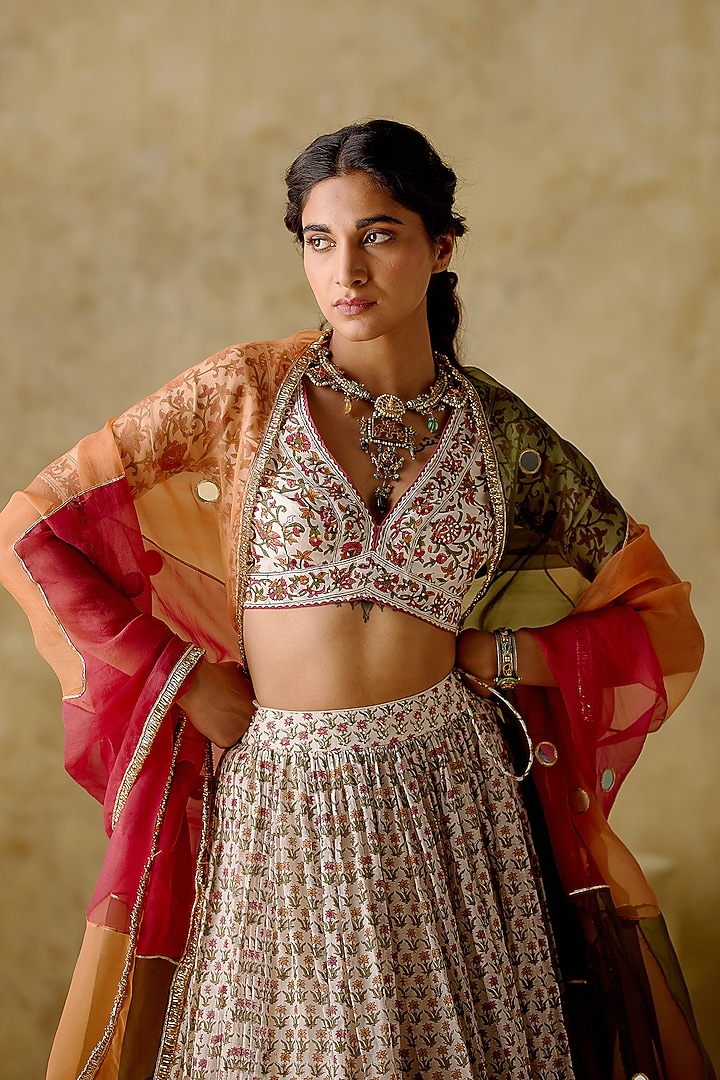 Multi-Colored Chanderi Silk Hand Block Printed Wedding Lehenga Set by Varun chhabra at Pernia's Pop Up Shop