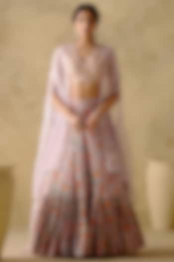 Purple Chanderi Silk Floral Printed Jacket Wedding Lehenga Set by Varun chhabra at Pernia's Pop Up Shop