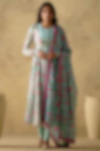 Sky Blue Chanderi Silk Floral Printed Party Wear Anarkali Set by Varun chhabra at Pernia's Pop Up Shop