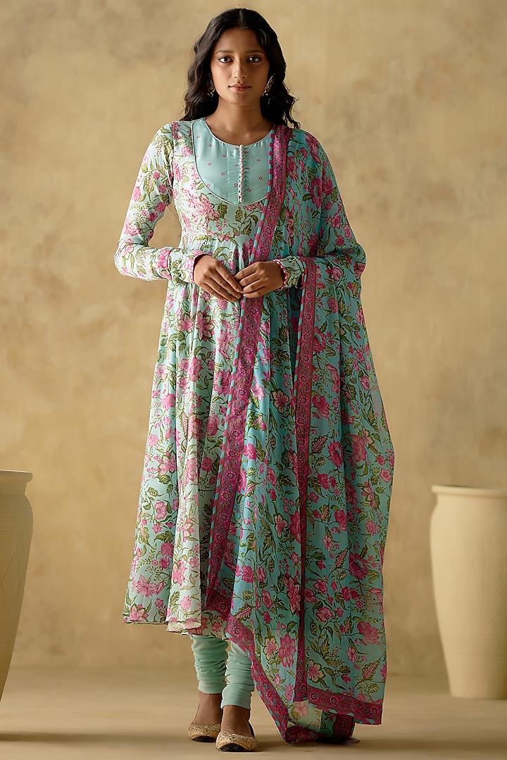 Sky Blue Chanderi Silk Floral Printed Party Wear Anarkali Set by Varun chhabra at Pernia's Pop Up Shop