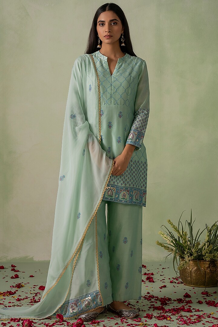 Sea Green Chanderi Block Printed Kurta Set by Varun chhabra at Pernia's Pop Up Shop