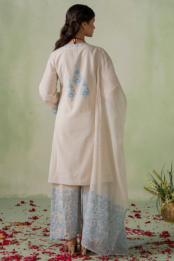 Ivory Cambric Cotton Floral Printed & Embroidered Kurta Set by Varun chhabra at Pernia's Pop Up Shop