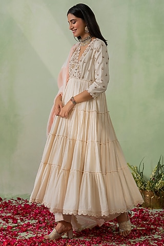 Ivory Cotton Cambric Zari Embroidered Layered Anarkali Set by Varun chhabra