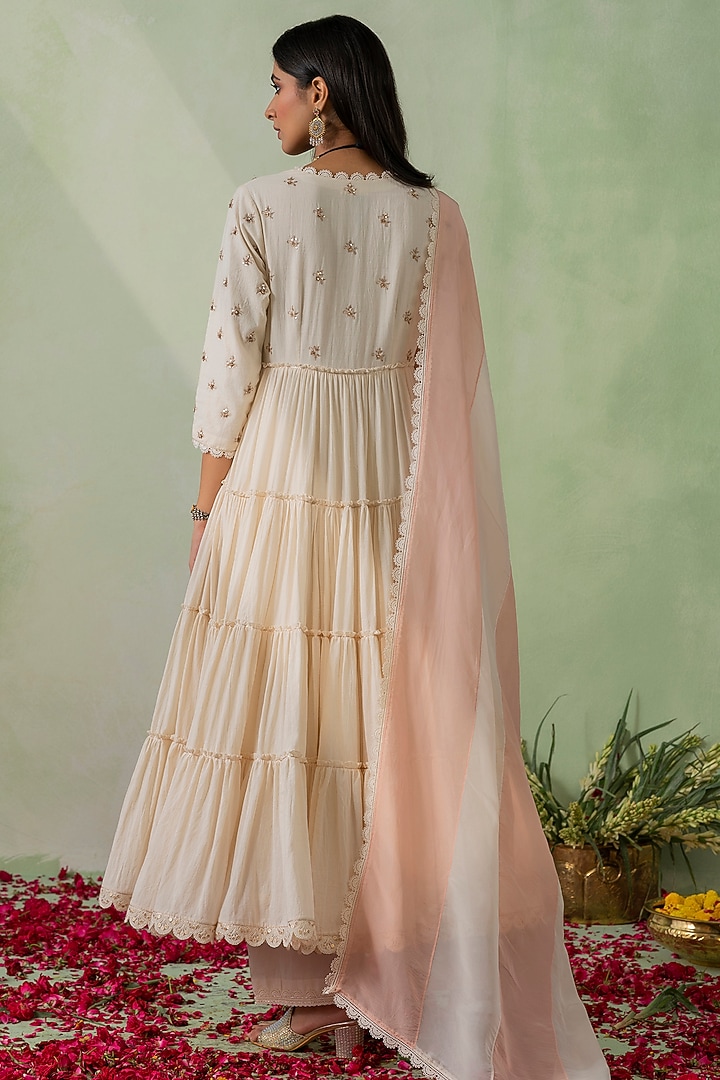 Ivory Cotton Cambric Zari Embroidered Layered Party Wear Anarkali Set by Varun chhabra at Pernia's Pop Up Shop