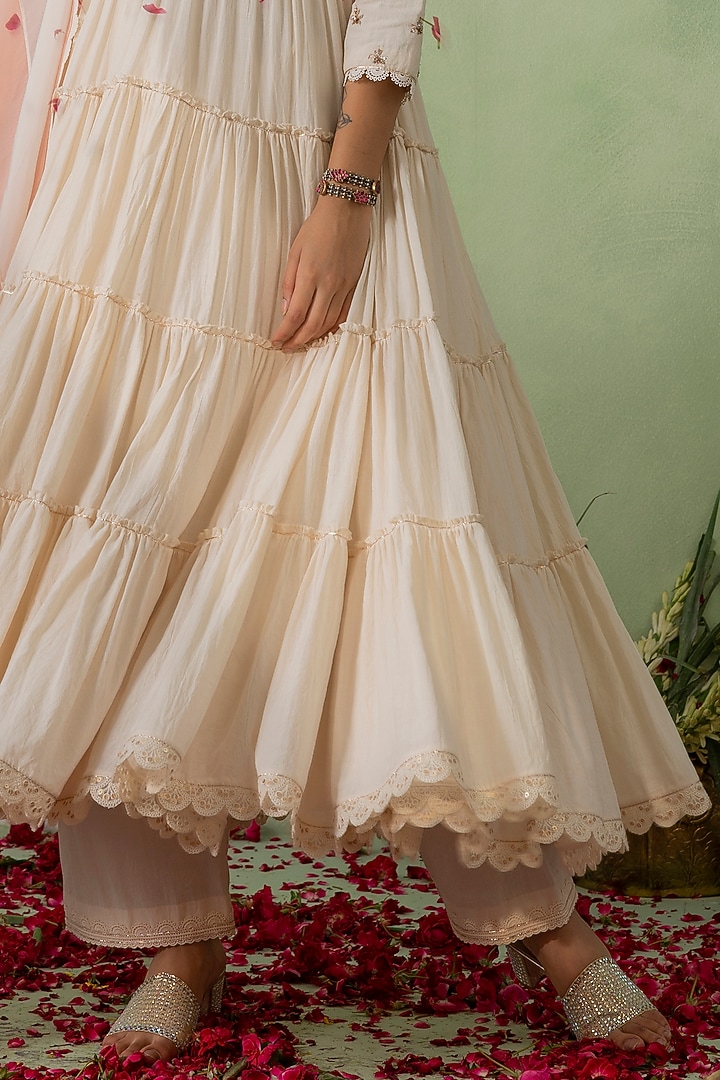 Ivory Cotton Cambric Zari Embroidered Layered Party Wear Anarkali Set by Varun chhabra at Pernia's Pop Up Shop