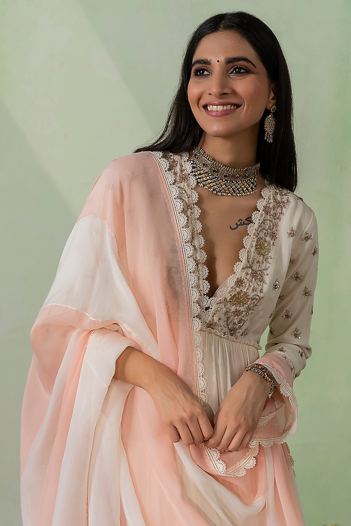 Ivory Cotton Cambric Zari Embroidered Layered Party Wear Anarkali Set by Varun chhabra at Pernia's Pop Up Shop