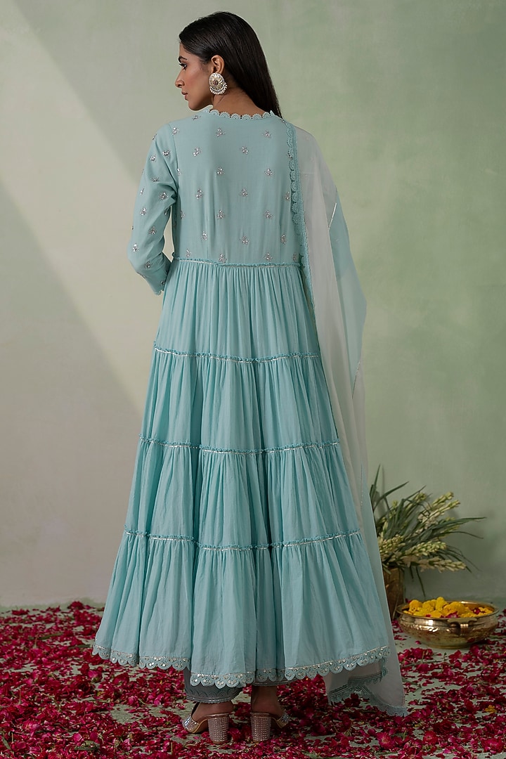 Aqua Blue Cotton Cambric Zari Embellished Layered Party Wear Anarkali Set by Varun chhabra at Pernia's Pop Up Shop