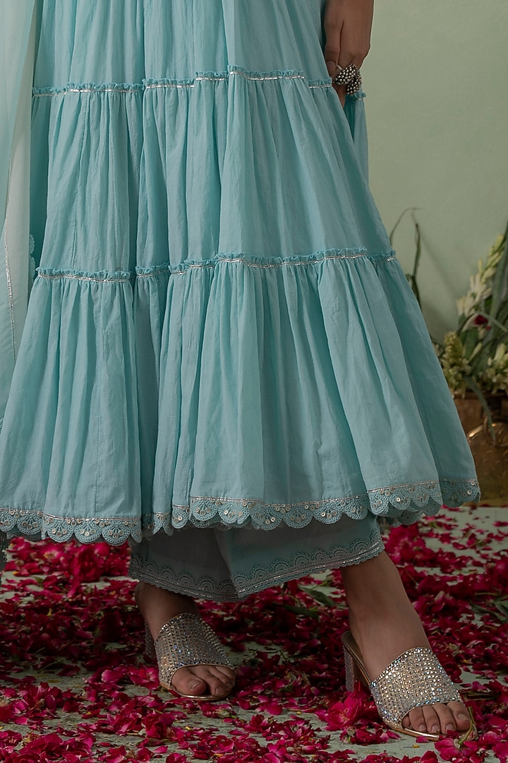 Aqua Blue Cotton Cambric Zari Embellished Layered Party Wear Anarkali Set by Varun chhabra at Pernia's Pop Up Shop