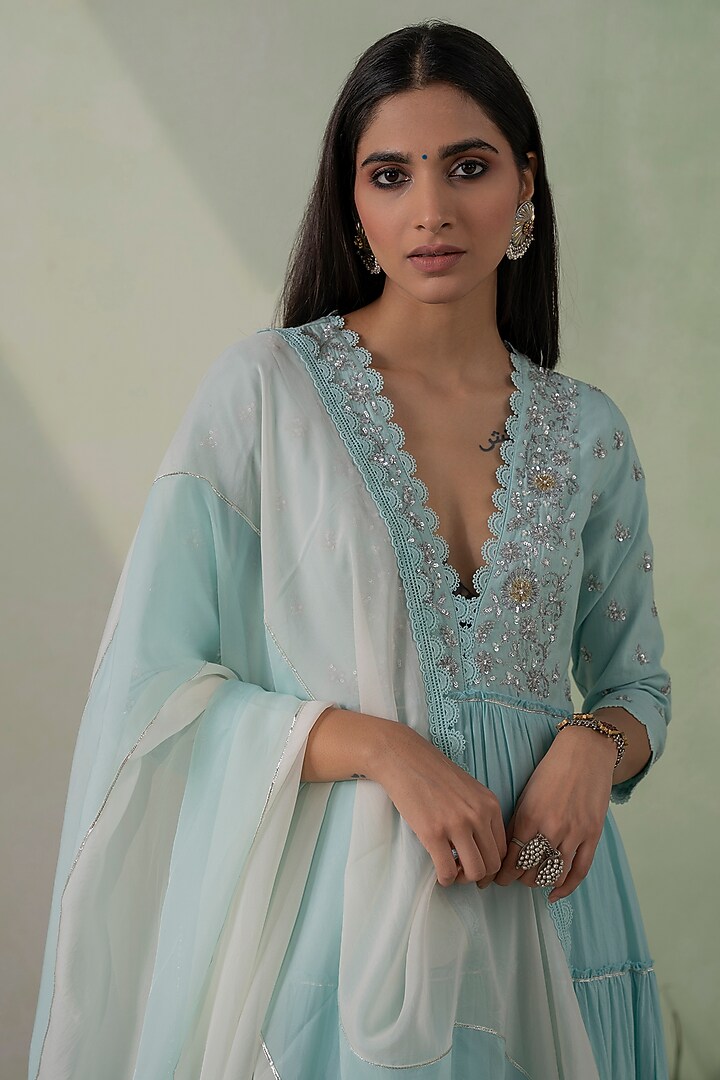 Aqua Blue Cotton Cambric Zari Embellished Layered Party Wear Anarkali Set by Varun chhabra at Pernia's Pop Up Shop