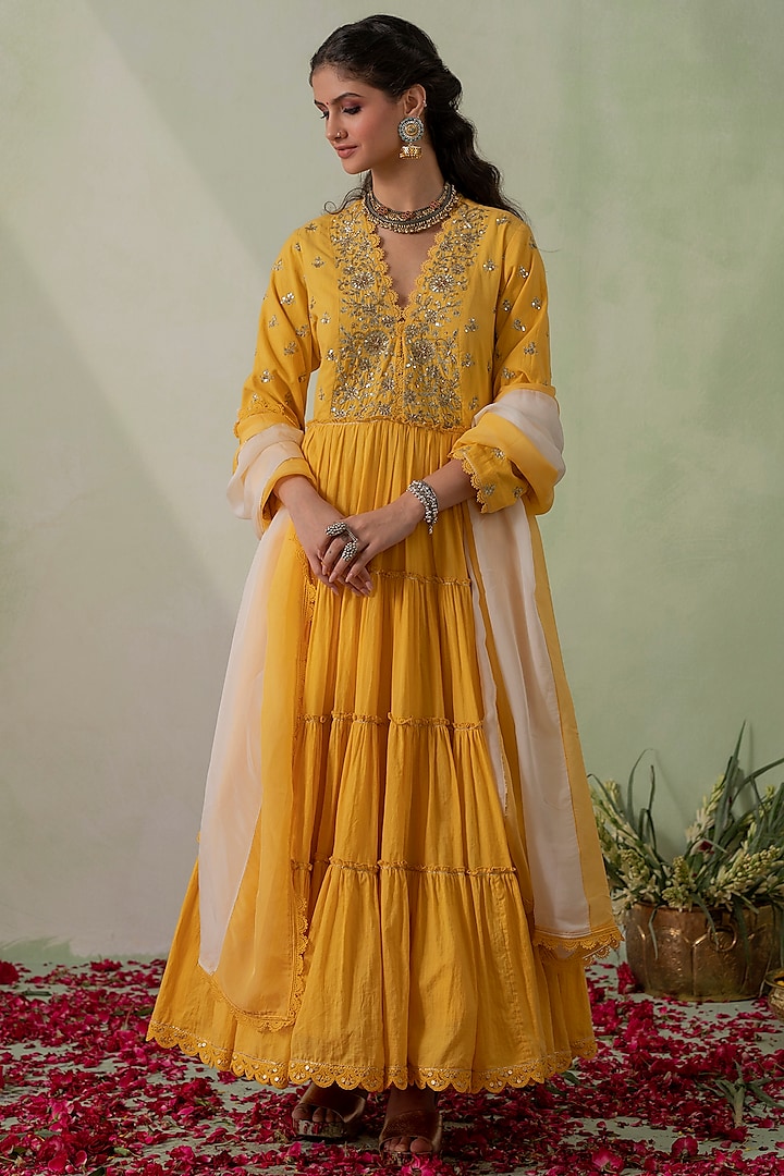 Mustard Cotton Cambric Zari Embellished Layered Anarkali Set by Varun chhabra