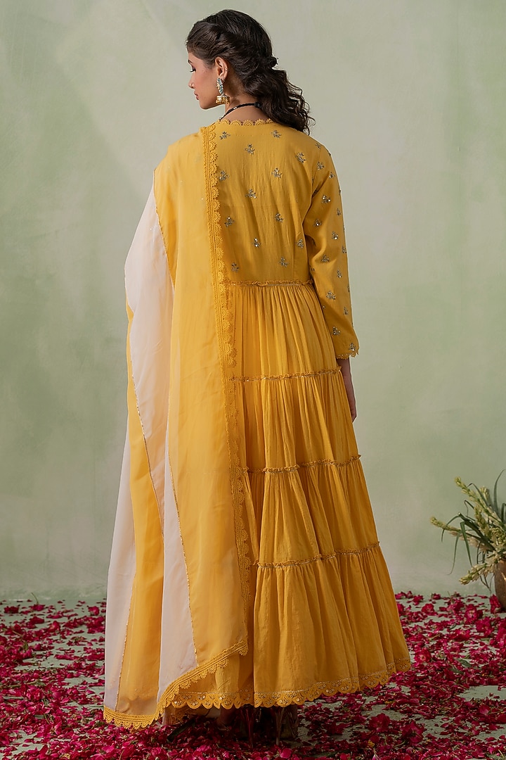 Mustard Cotton Cambric Zari Embellished Layered Party Wear Anarkali Set by Varun chhabra at Pernia's Pop Up Shop