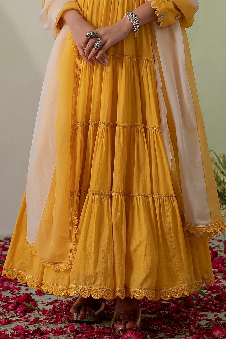 Mustard Cotton Cambric Zari Embellished Layered Party Wear Anarkali Set by Varun chhabra at Pernia's Pop Up Shop