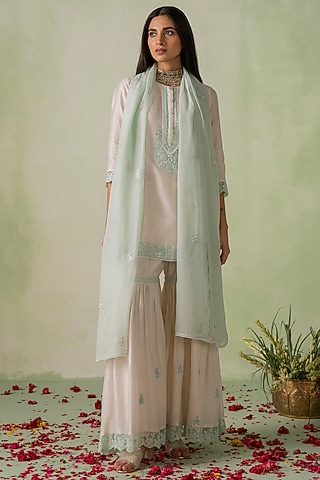 Ivory Chanderi Sequins Embroidered Gharara Set by Varun chhabra