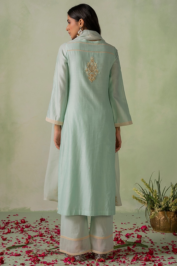 Aqua Blue Chanderi Silk Resham & Beads Embroidered Kurta Set by Varun chhabra at Pernia's Pop Up Shop
