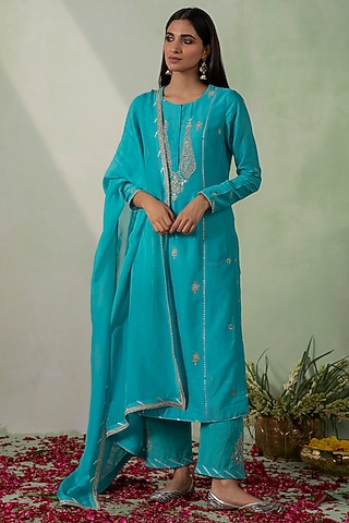 Turquoise Chanderi Silk Zari & Sequins Embroidered Kurta Set by Varun chhabra