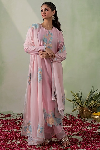 Pink Chanderi Silk Cutdana & Sequins Embroidered Kurta Set by Varun chhabra