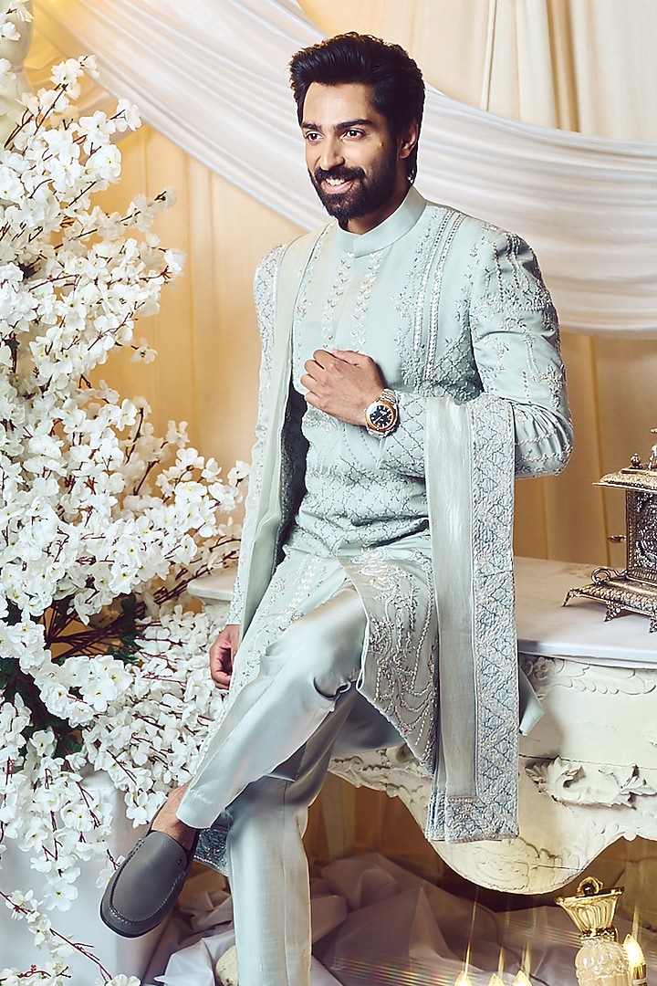 Powder Blue Twill Silk Embroidered Groom Sherwani Set by Varun Chakkilam Men at Pernia's Pop Up Shop