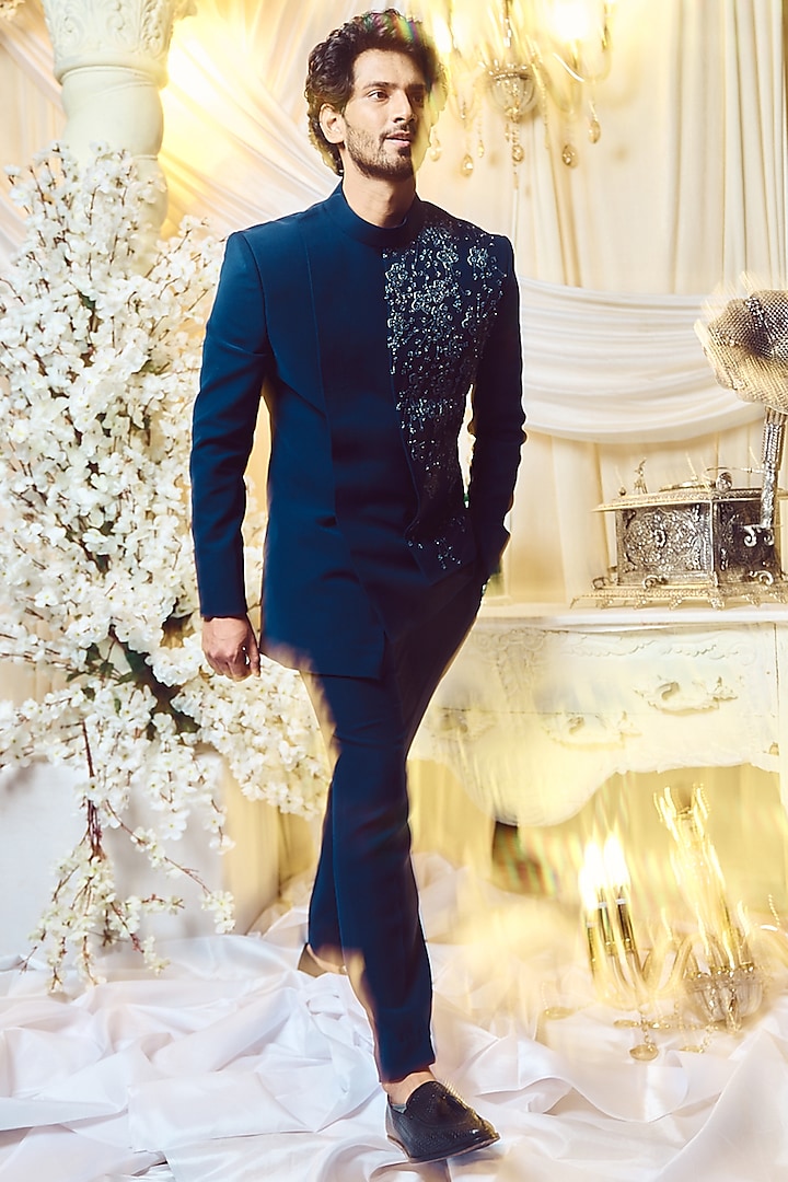 Prussian Blue Suiting Embroidered Groom Bandhgala Set by Varun Chakkilam Men at Pernia's Pop Up Shop