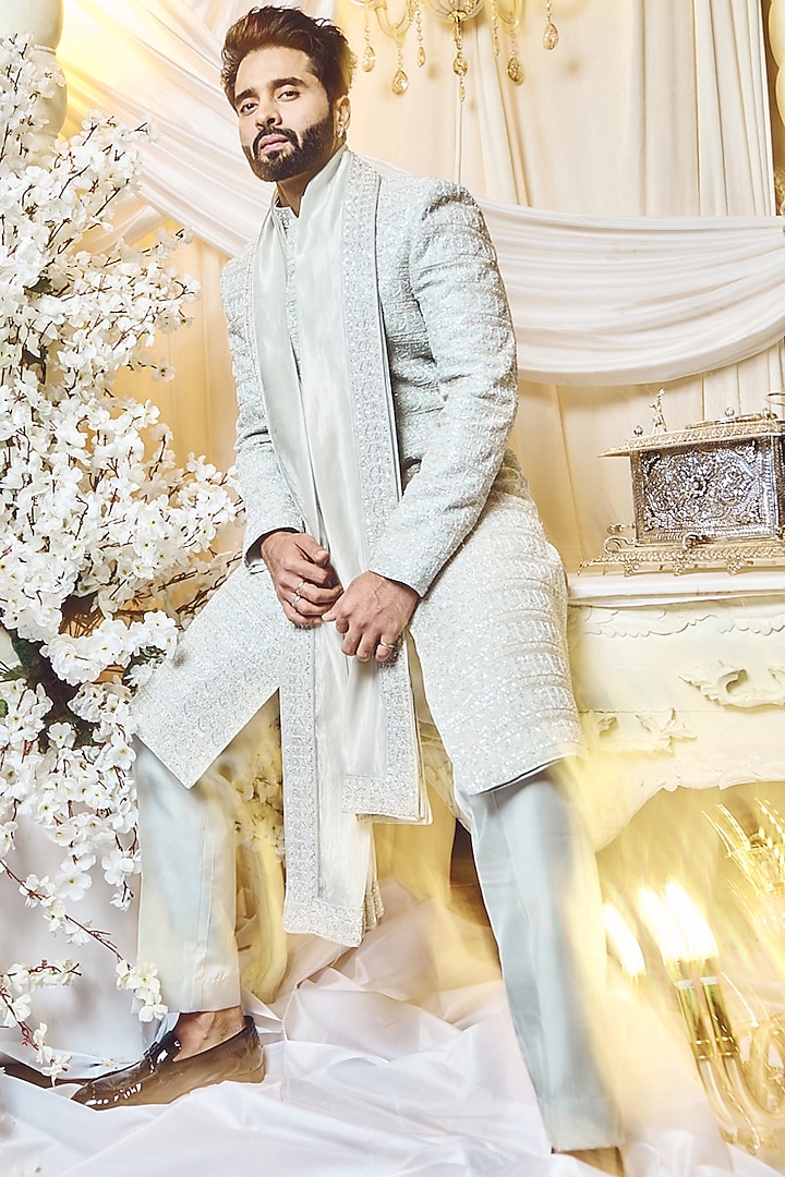 Pearl Grey Twill Silk Embroidered Groom Sherwani Set by Varun