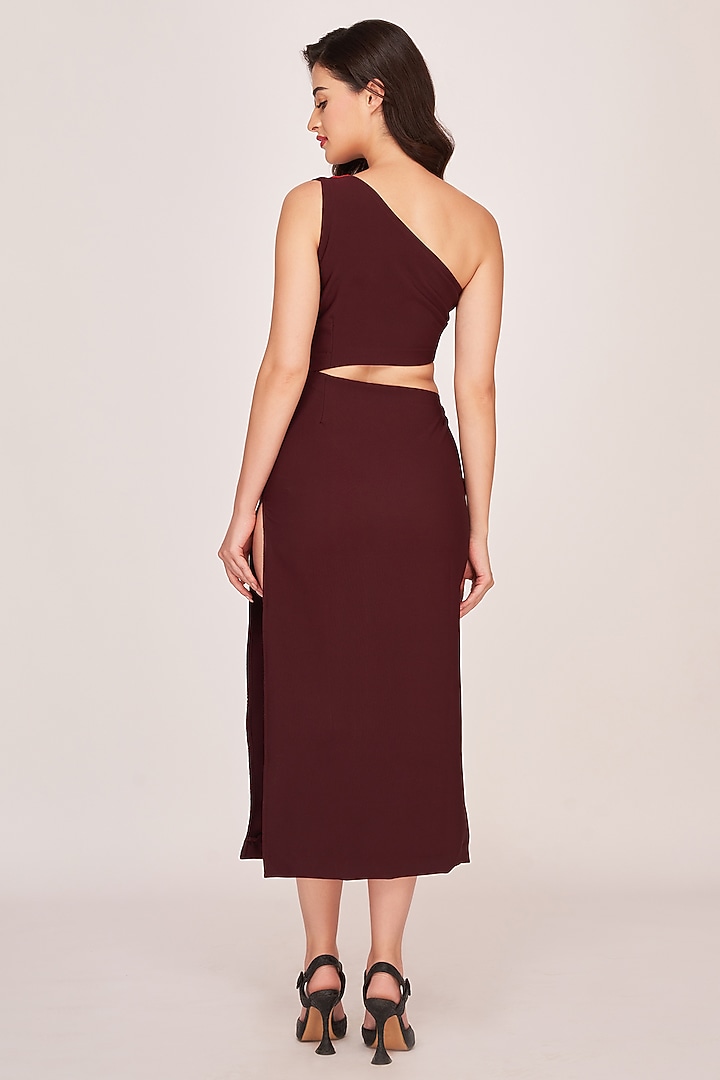 Brown & Red Crepe Velvet Satin One-Shoulder Midi Summer Dress by House of Varada at Pernia's Pop Up Shop