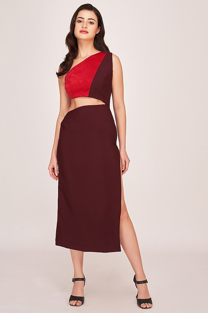 Brown & Red Crepe Velvet Satin One-Shoulder Midi Summer Dress by House of Varada at Pernia's Pop Up Shop