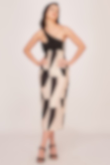 Black Silk Abstract Design One-Shoulder Midi Summer Dress by House of Varada at Pernia's Pop Up Shop