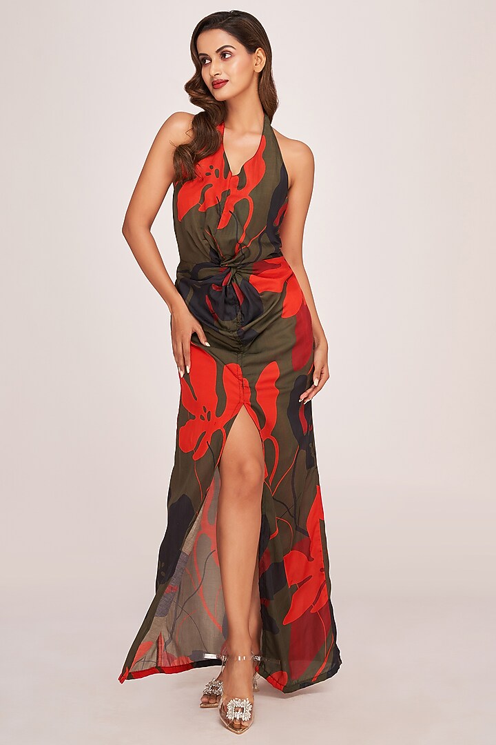 Green Satin Floral Abstract Printed Sleeveless Maxi Summer Dress by House of Varada at Pernia's Pop Up Shop