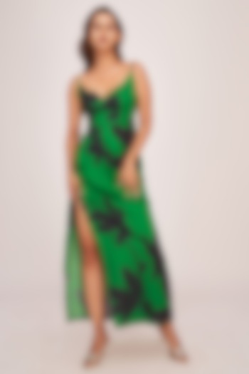 Green & Black Satin Floral Printed Maxi Dress by House of Varada