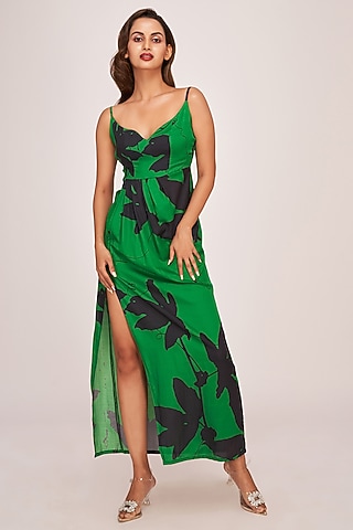 Green & Black Satin Floral Printed Maxi Dress by House of Varada