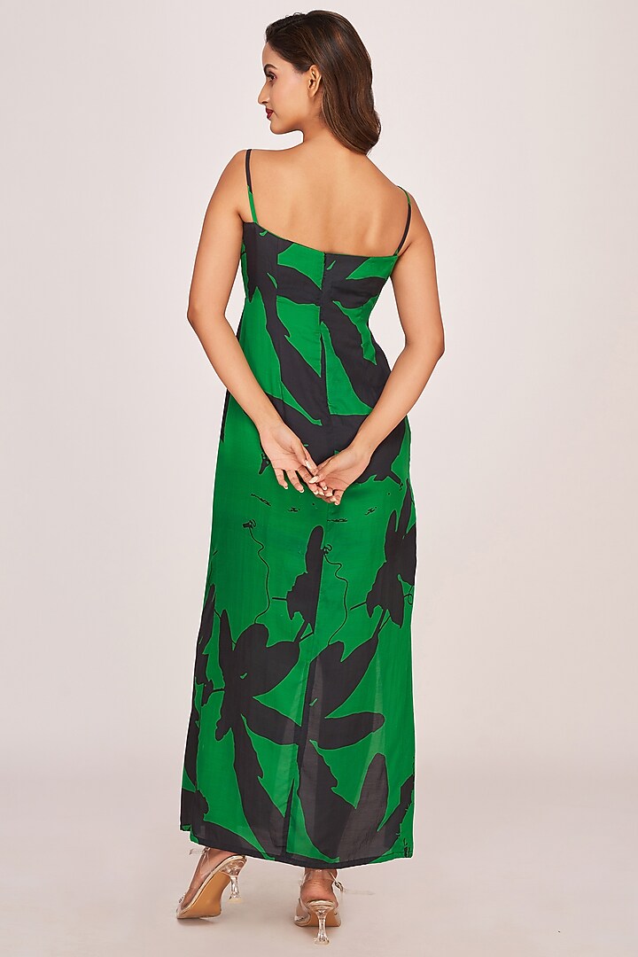 Green & Black Satin Floral Printed Maxi Summer Dress by House of Varada at Pernia's Pop Up Shop