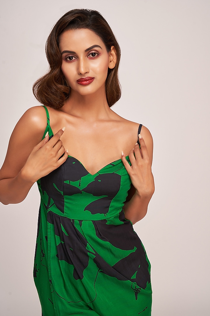 Green & Black Satin Floral Printed Maxi Summer Dress by House of Varada at Pernia's Pop Up Shop