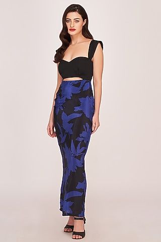 Black & Blue Crepe Printed Maxi Dress by House of Varada