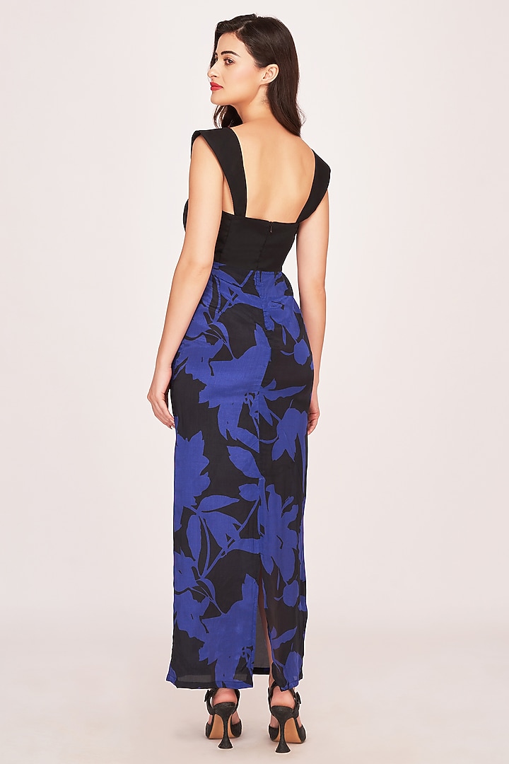 Black & Blue Crepe Printed Maxi Summer Dress by House of Varada at Pernia's Pop Up Shop