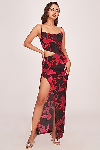 Black & Pink Crepe Floral Printed Ankle Length Dress by House of Varada
