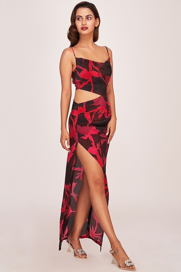 Black & Pink Crepe Floral Printed Ankle Length Summer Dress by House of Varada at Pernia's Pop Up Shop